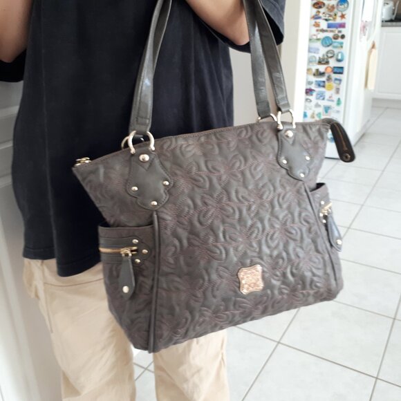 Anna Sui BUtterfly Embossed Leather Satchel Shoulder Bag Dark Brown - Picture 2 of 5